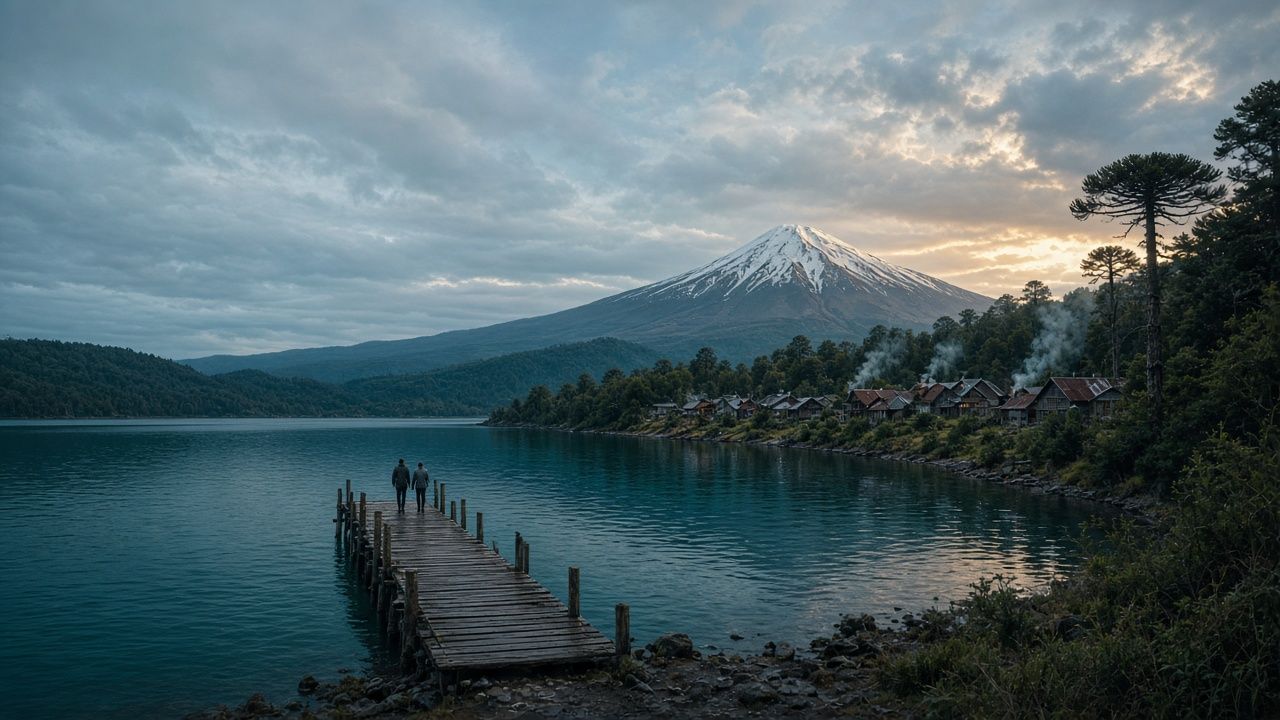 Lago del sur de Chile con muelle de madera, volcán nevado y casas de madera junto a la orilla; dos personas de espaldas en la distancia